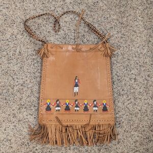 Brown Leather Native American Hand Painted Tassel Shoulder Bag
